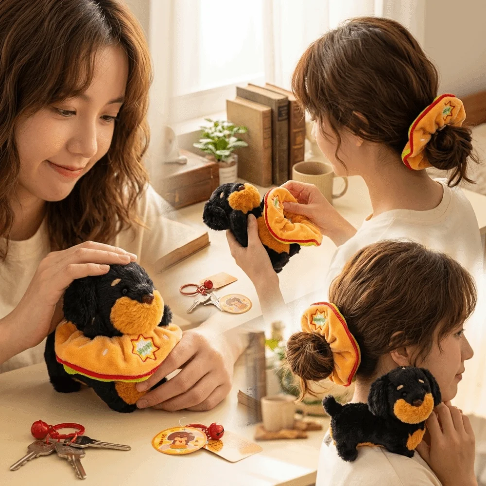 Multi-functional Plush Keychain Soft Skin-friendly Elastic Hair Tie Stuffed Puppy Bag Pendant Compact Lightweight