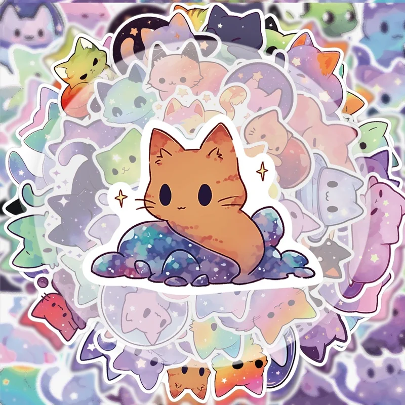50 Starry Sky Cat Stickers, Vibrant Stickers and Decals, Multiple Styles Without Duplication, Suitable for Water Bottles, Laptops, Suitcases, Skateboards, Guitars, Party Decorations