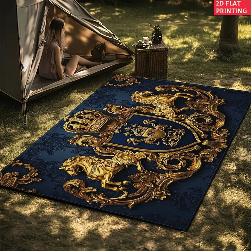 VIKAMA Velvet Plush Royal Crest Carpet Luxury Printed Area Rug Indoor Outdoor Floor Mat for Living Room Home Decor
