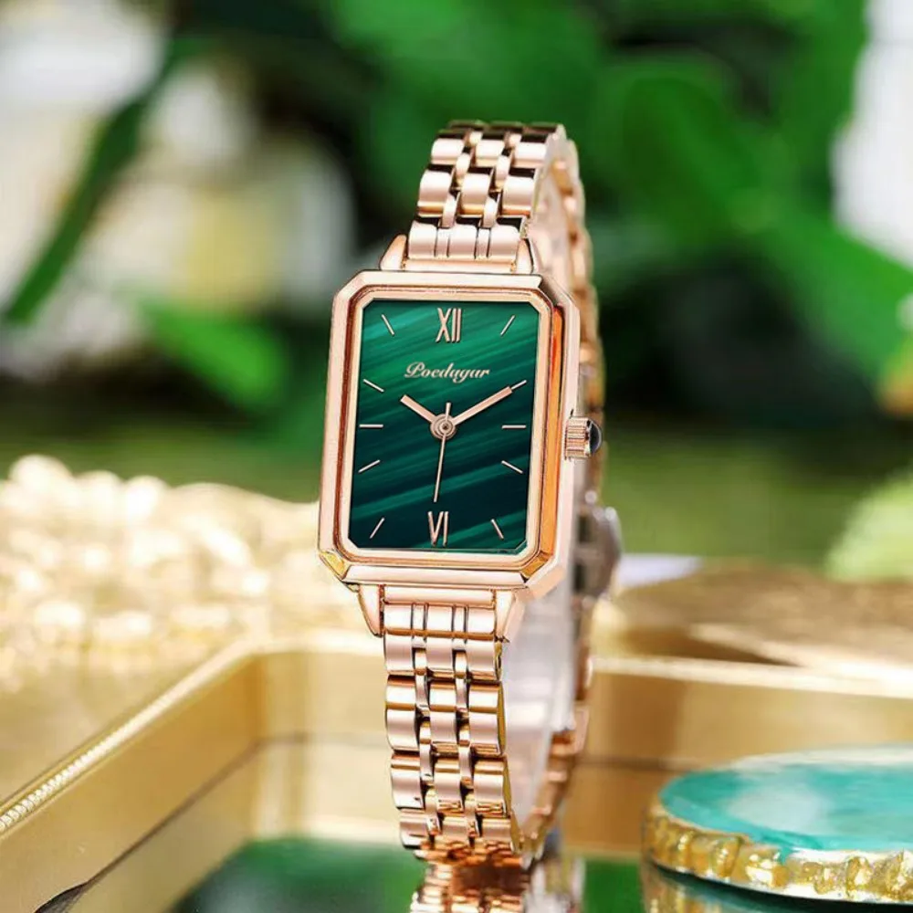 Women's Watch Waterproof Green Rectangle Dial Luxury Quartz Watch for Women Stainless Steel Band Wristwatch Reloj Mujer with Box