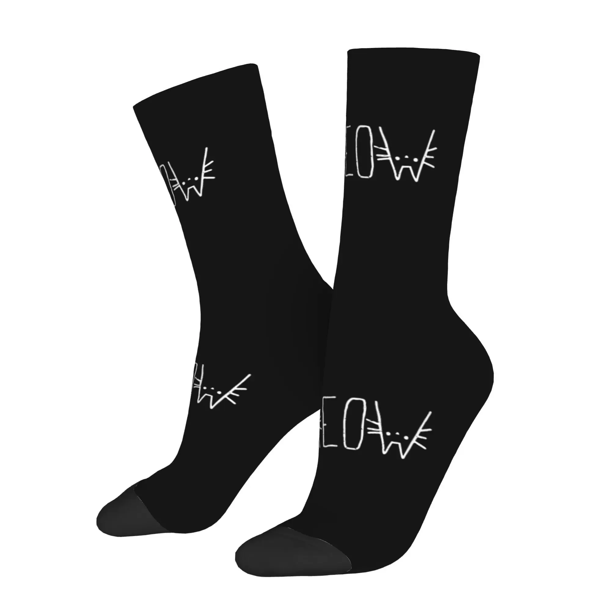 

Funny Happy Sock for Men Meow Cat Faces Cute Funny Hand Drawn Word Hip Hop Welcome Pattern Printed Crew Sock Seamless Gift