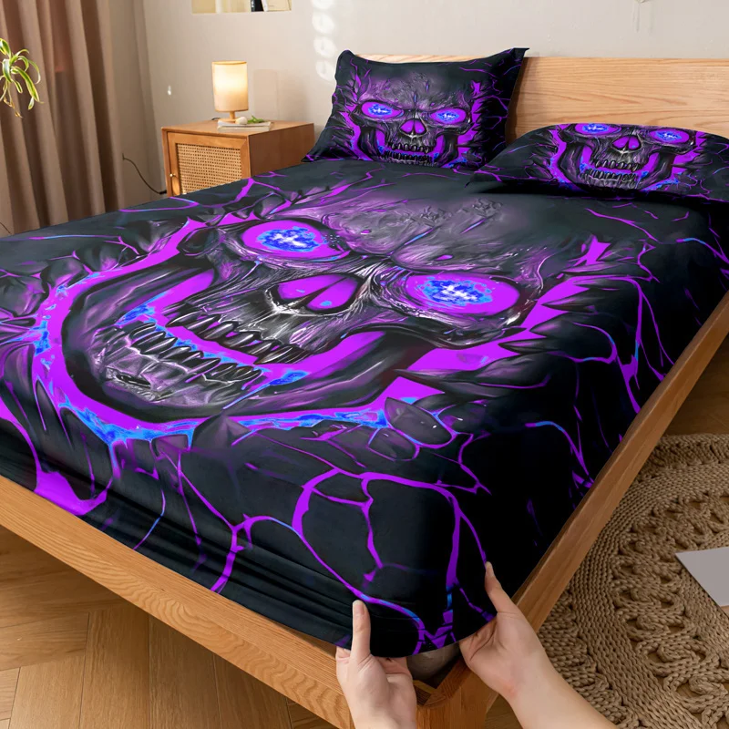 

Purple Light Skull Pattern Fitted Sheet Set-Soft And Comfortable Bedding Cover Set For Bedroom Guest Room And Dorm Decor