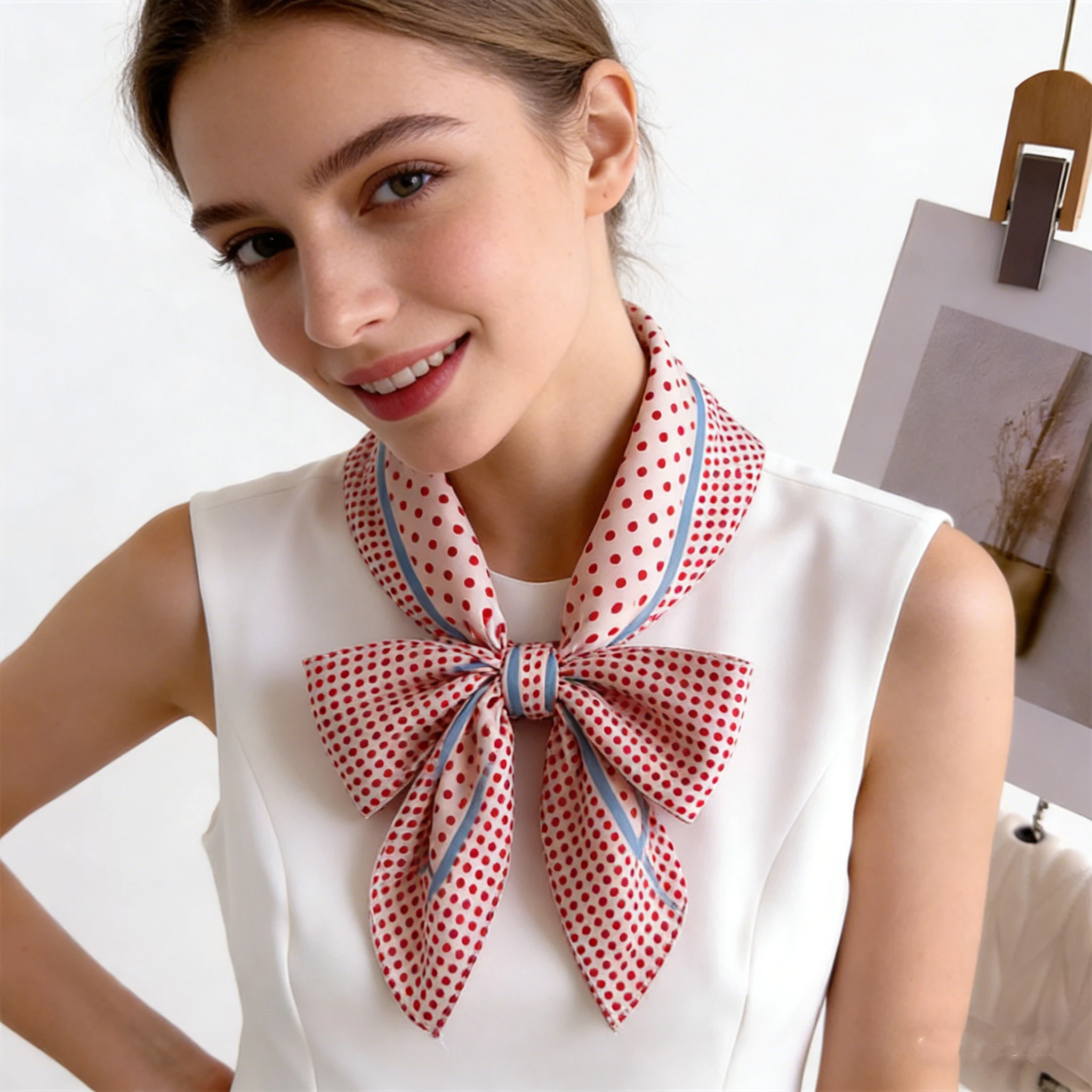 

70cm Polka Dot Print Square Silk Scarf for Women Bandana and Handkerchief , Versatile Casual Outing Accessory and Bag Tie Ribbon
