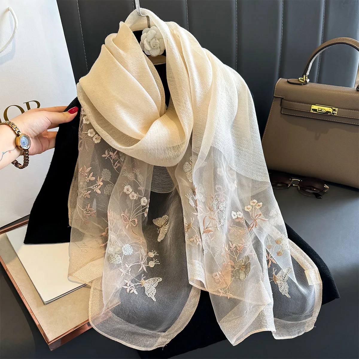 

2026 New Spring Summer Embroidered Silk Scarf for Women Sunscreen Travel Versatile Luxury Shawl Warp Elegant Female Long Bandana