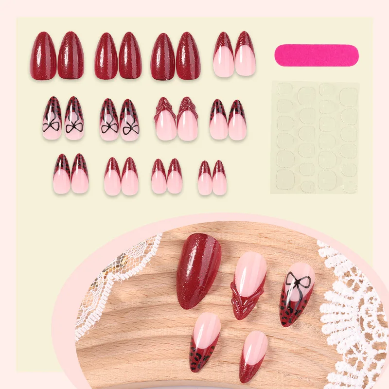 

24pcs Red French Fake Nails Leopard Print 3D Bow Sparkle Press on Nail Short Almond Full Coverage Nail For Women&Girl False Nail