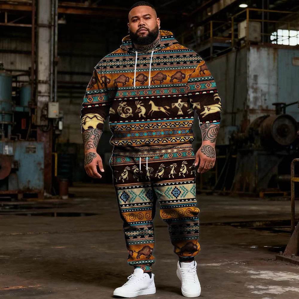 

S-9xl plus size Big & Tall Men's Hoodie Set: Ethnic, Plaid Elements - 2-Piece Wear, Breathable Material, Stylish Designs
