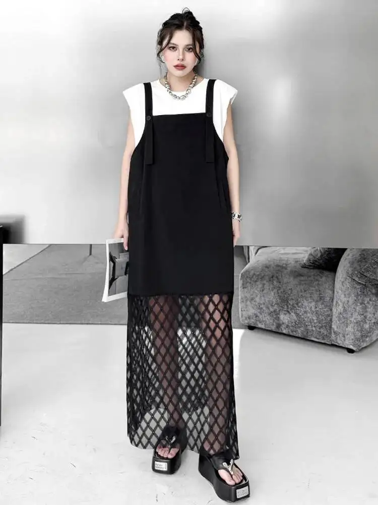 

Women Black Grid Hollow Out Big Size Strap Dress New Square Collar Sleeveless Fashion Tide Spring Summer