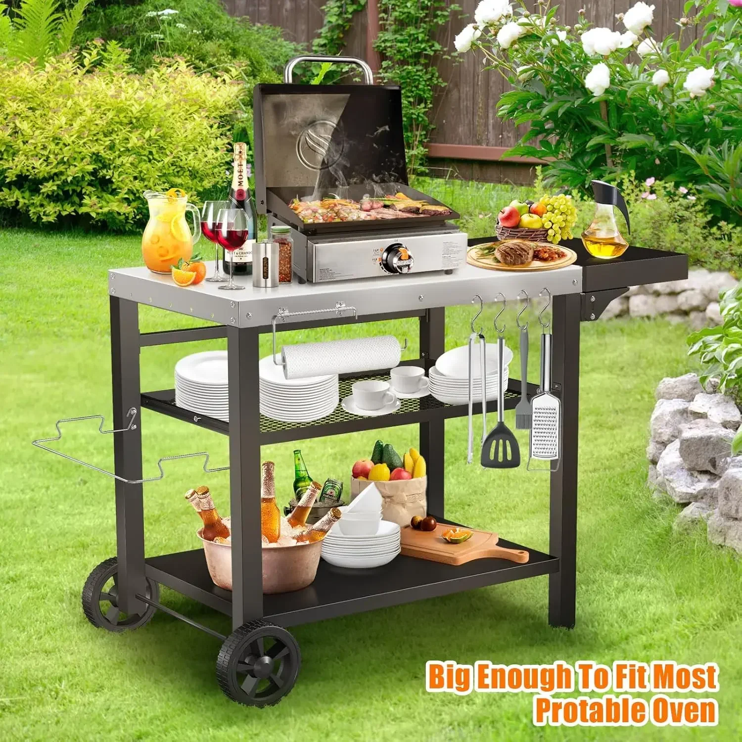 Hot SalseOutdoor Grill Table,Pizza Oven Stand Table,Three-Shelf Food Prep And Work Cart Table