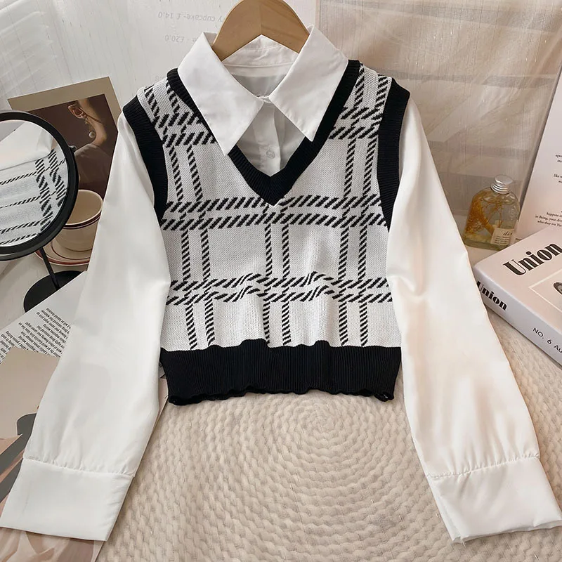 

Autumn Winter Vintage Versatile Slim Fit Long Sleeves Sweater Female V-neck Knitted Pullover Plaid Patchwork Fake Two Piece Tops