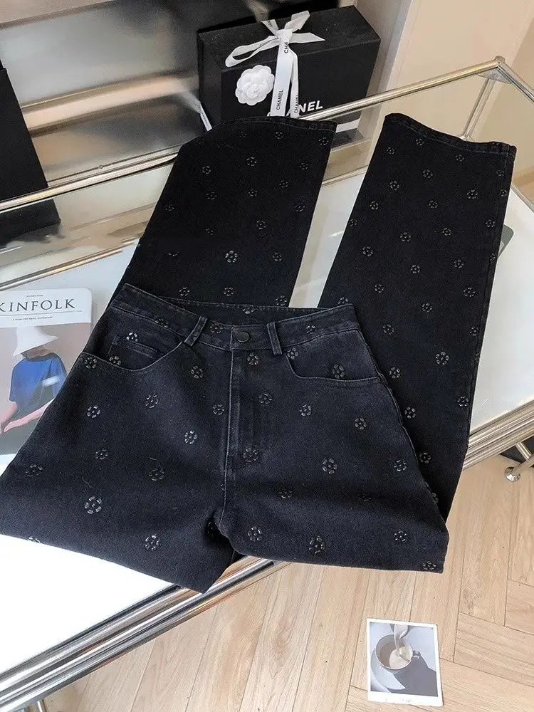 Denim Straight-Leg Pants Women's Trendy 2024 New Spring High Waist Slim Fit Slimming Heavy Embroidery Hot Drilling Mop Trousers