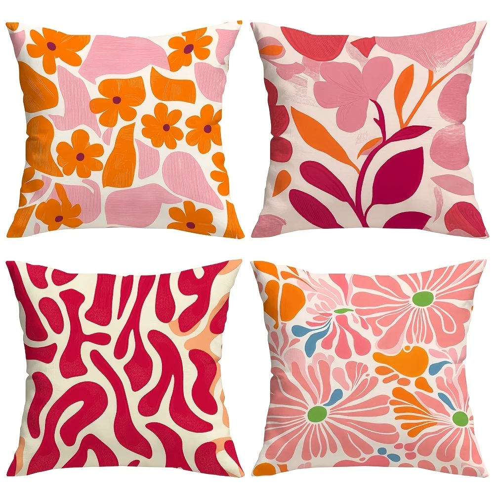 

4Pcs Modern Floral Throw Pillow Covers with Pink and Orange Bohemian Pattern Cushion Cases for Study Lounge Hotel Room Home