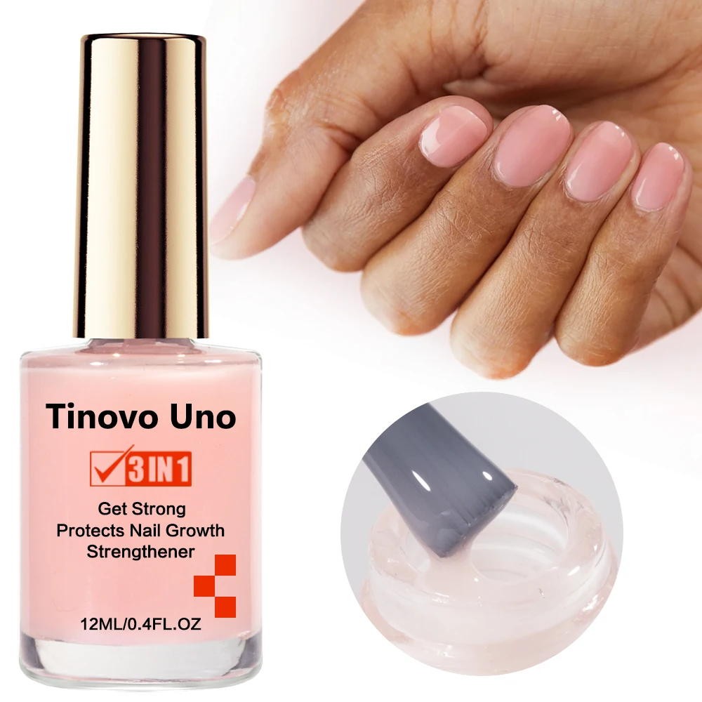 Tinovo Uno Nail Growth Pink Strengthener 3 IN 1 Normal Nail Polish Fast Dry 12ML Get Strong Repair Nail Care Hardener Manicure