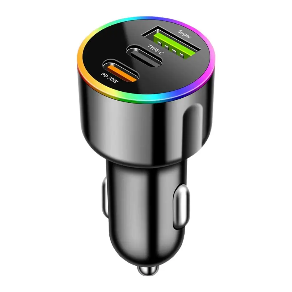 

Автомобильное зарядное устройство 60 Вт с быстрой зарядкой, 7-цветной подсветкой, PD30W, USB-C, двумя портами, QC3.0, интеллектуальная зарядка, безопасное, огнестойкое