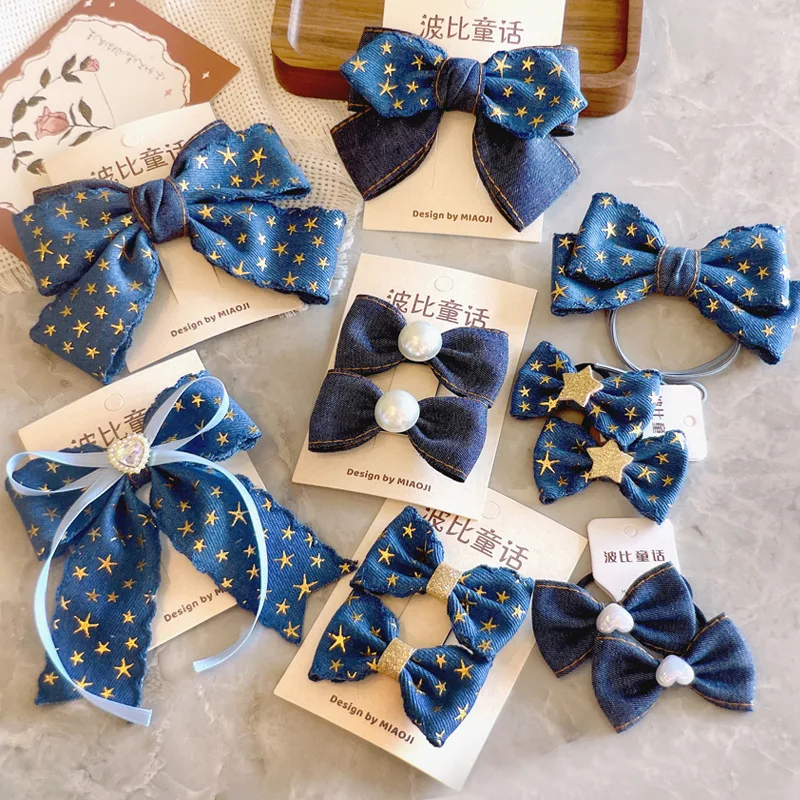 Hair Clips Pentagram Denim Fabric Bow Children's Hairpin Kids Hair Band Girls Hair Accessories for Girl