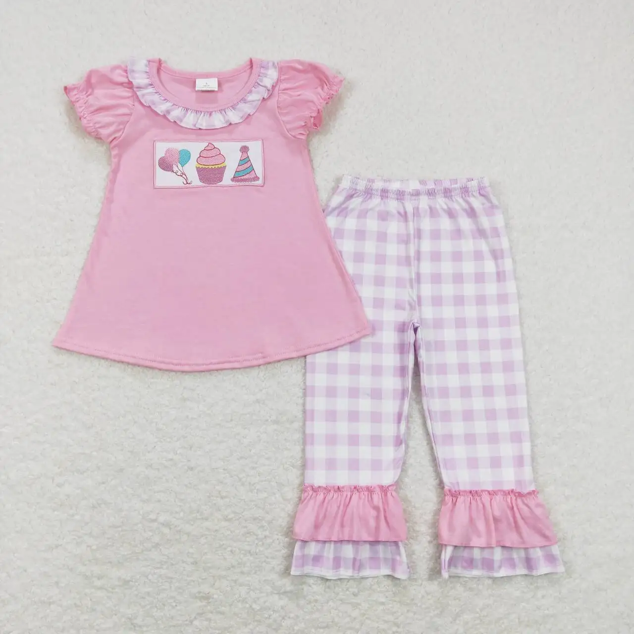

GSPO0960 Wholesale kids clothes boys Embroidered birthday pink short sleeve pants sets Summer Boutique baby girl clothes sets