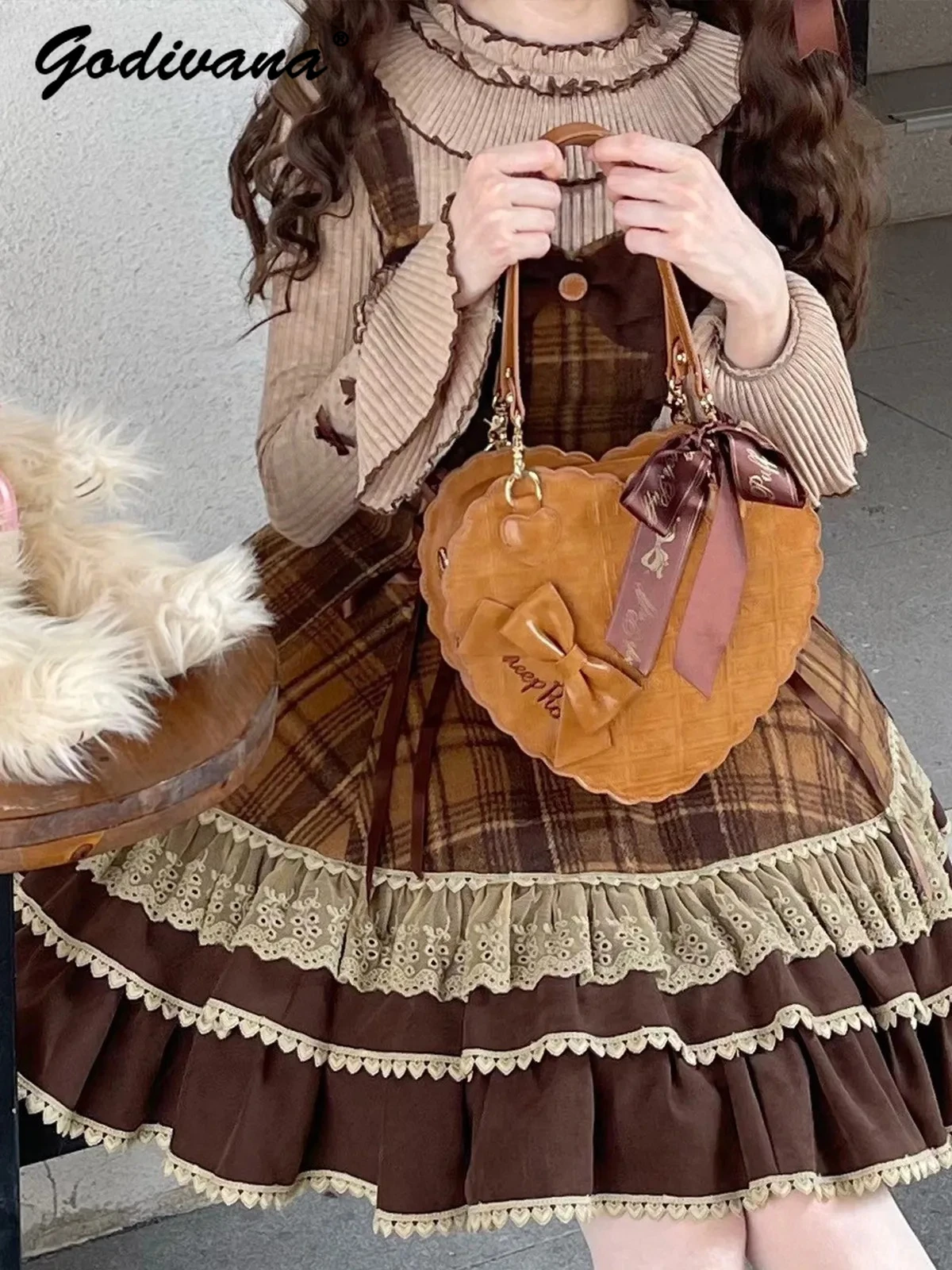 

Lolita Chocolate Handbags Sweet Bow Girls Female Portable Heart-shaped Handbag Cos Women's Corssbody Bags