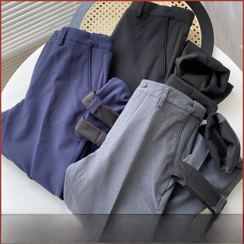 

Busin Casual Thiened Fce Lined Slim Fit Straight Leg Autumn Winter Pants Men's Faion Ci Sle Long Trousers