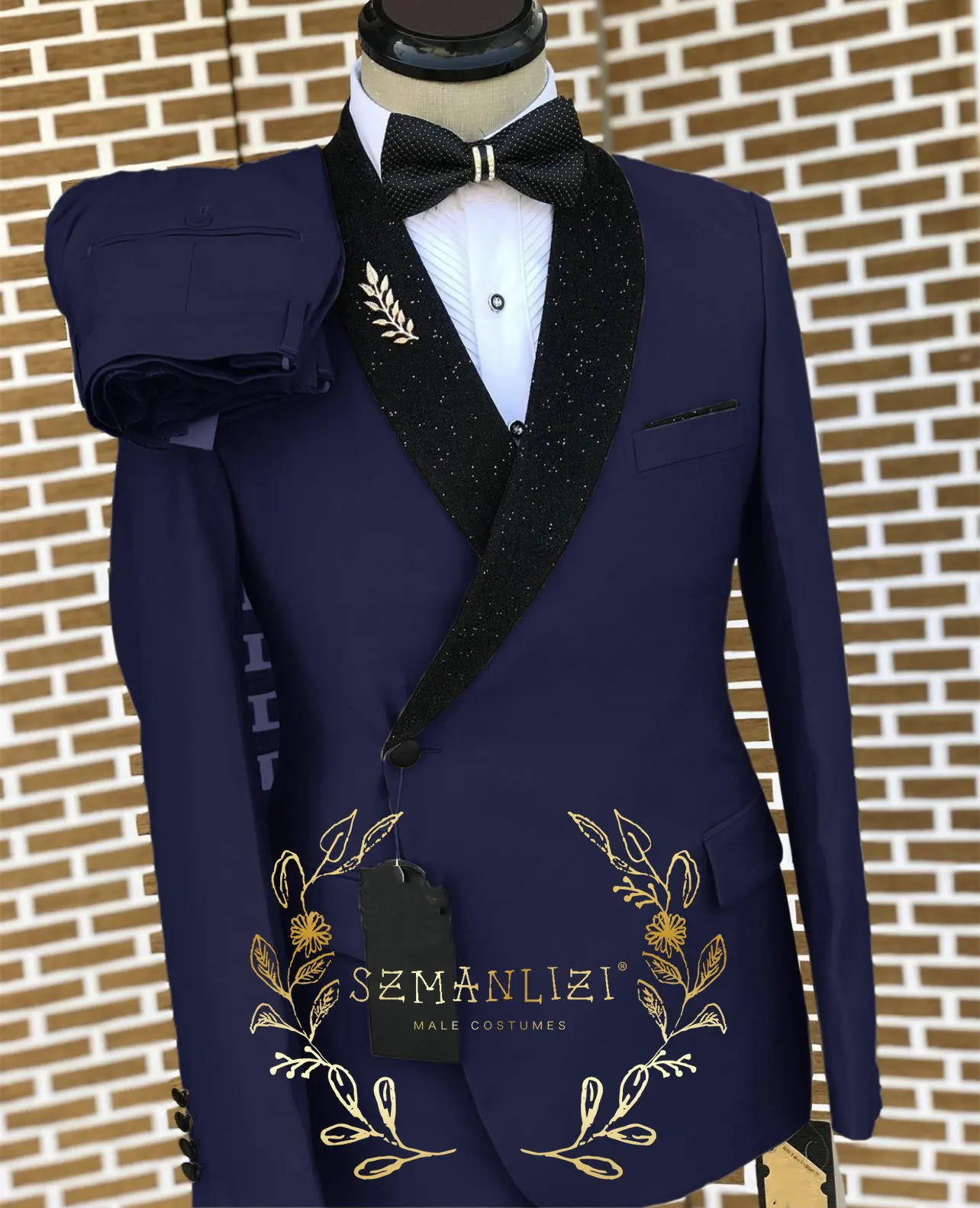 Navy Blue Men's Suits Bespoke Double Breasted Black Shiny Shawl Lapel Formal Wedding Blazer Slim Fit 2 Piece Jacket Pants