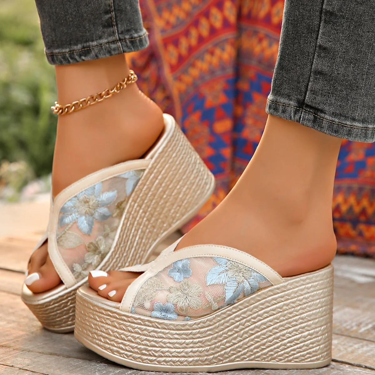 

Elegant Ladies Embroidery Floral Sandals Summer 2026 Chunky Platform Mesh Shoes Woman Super High Heels Wedge Sandalias Mujer