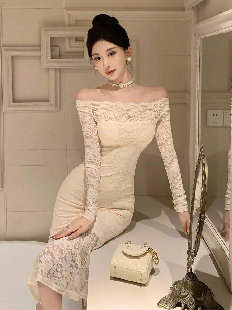 Elegant One-shoulder Lace Dress for Ladies Popular Birthday Dress for Women Hip-covering Fishtail Long Dress