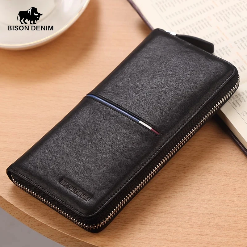 BISON DENIM 100% Genuine Leather Wallets Men Long Wallet Credit Business Card Holders Mobile Phone Bag Zipper Purse Clutches