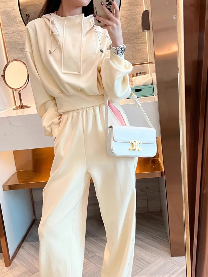 Korean Fashion Hoodie Wide Leg Pants Two-piece Set Women Sweet Cool Contrast Color Sweet Chic Spring Female Casual Sports Suit