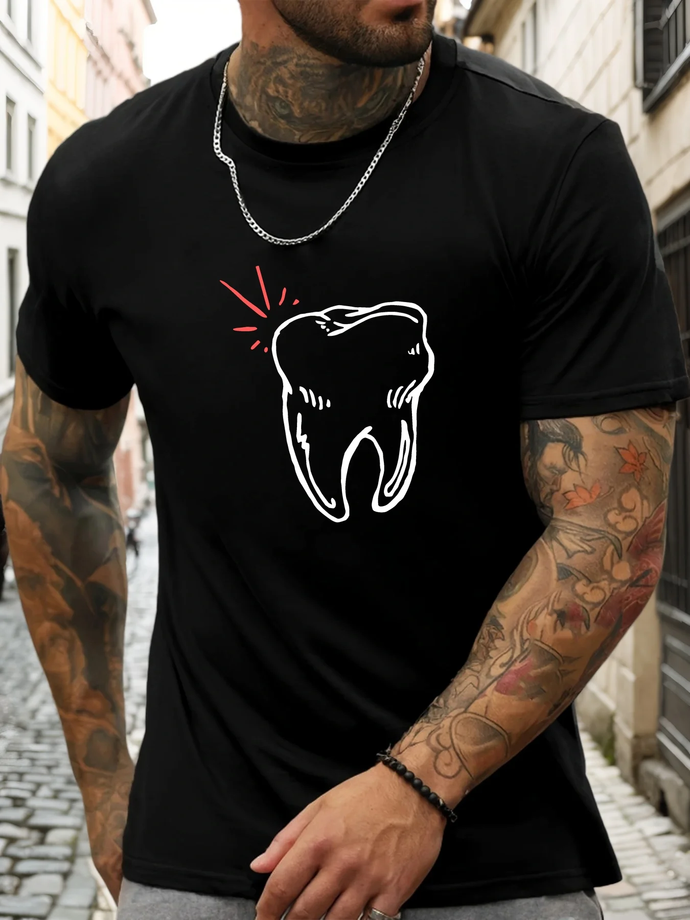 Casual Men Short Sleeve T Shirt Vintage Tooth Outline Art O Neck Loose Basic Breathable Urban Street Everyday Tops For Men