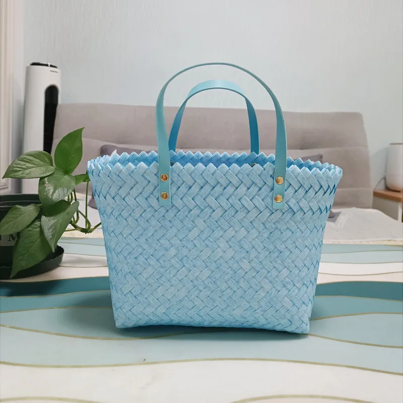 Meet You Colorfull  Hand-woven Pvc Straw Bag Fake Bamboo Handle Design Women's Tote Bag Beach Seaside Holiday Travel Handbag