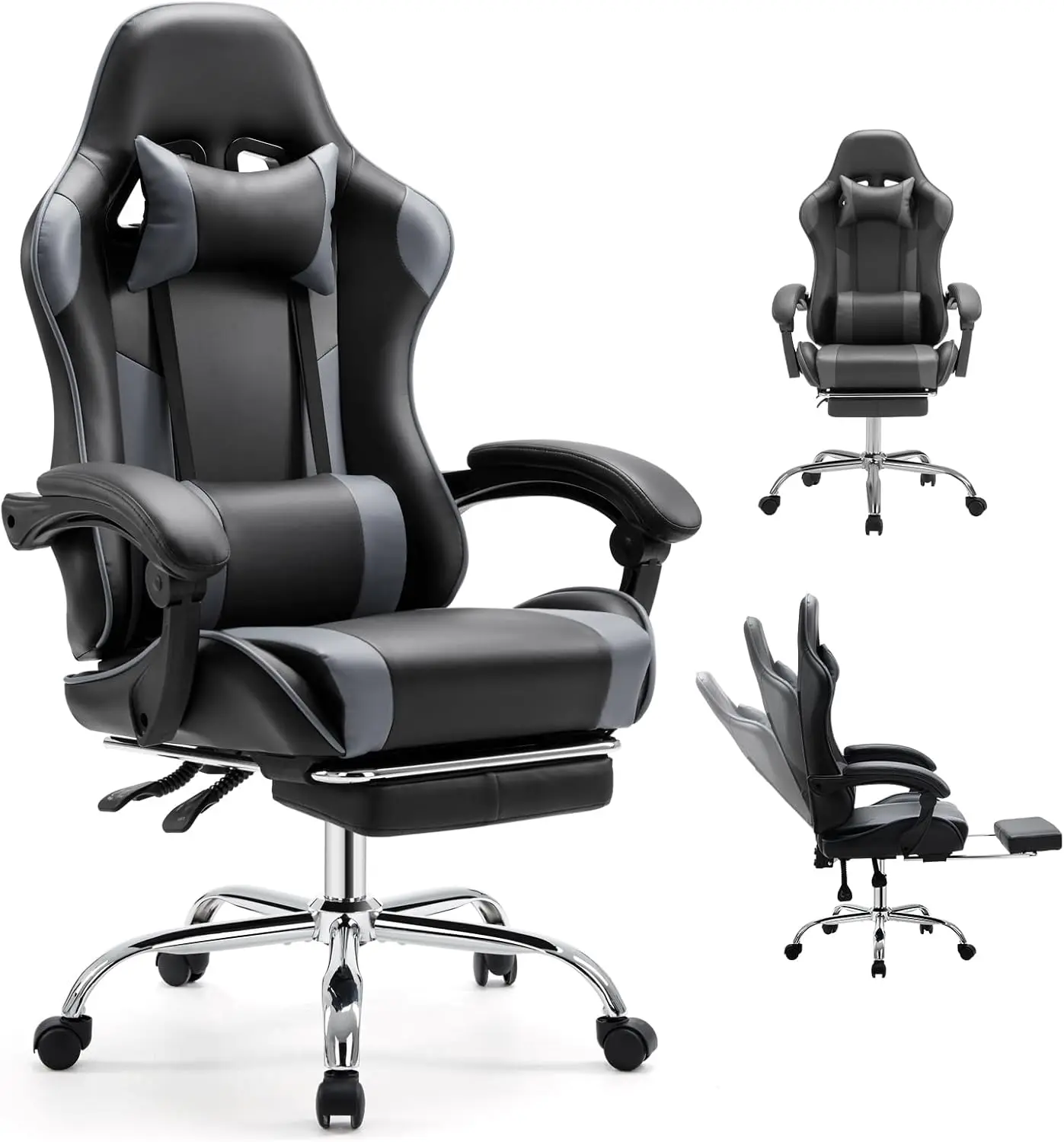 

Ergonomic Gaming Chair with Footrest & Headrest, PU Leather Adjustable Office Chair, 360° Swivel, Black Grey
