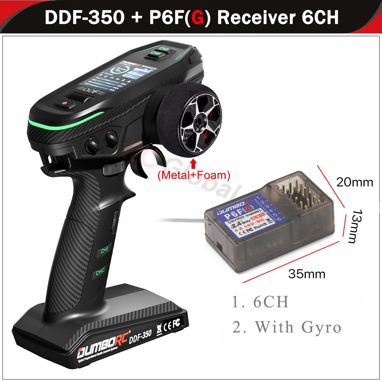 DUMBORC DDF-350 10CH 10-kanaals zender P6F P6DCG Gyro-ontvanger Metalen handwiel afstandsbediening voor RC auto vliegtuig boot