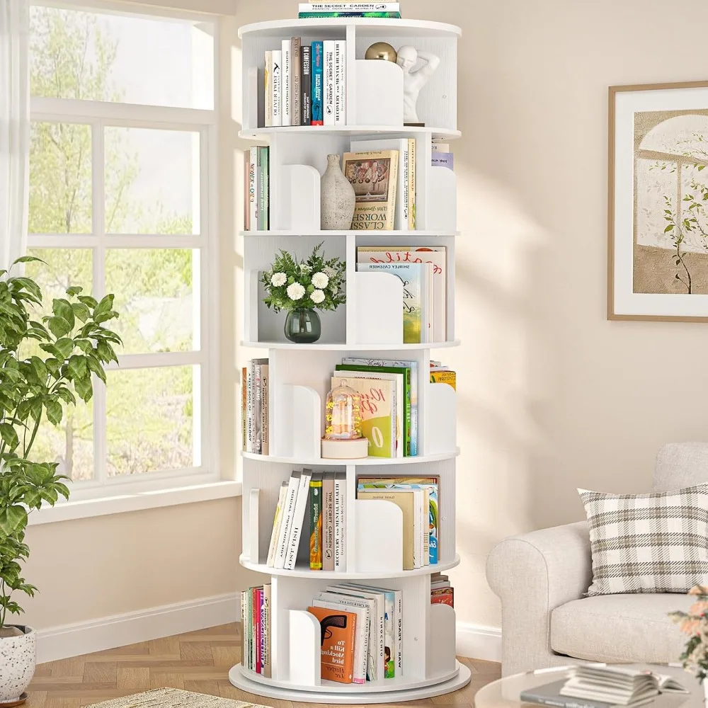 Rotating Wood Bookshelf Tower | 360° Spinning, Compact Organizer for Small Spaces, Bedroom, Office, White