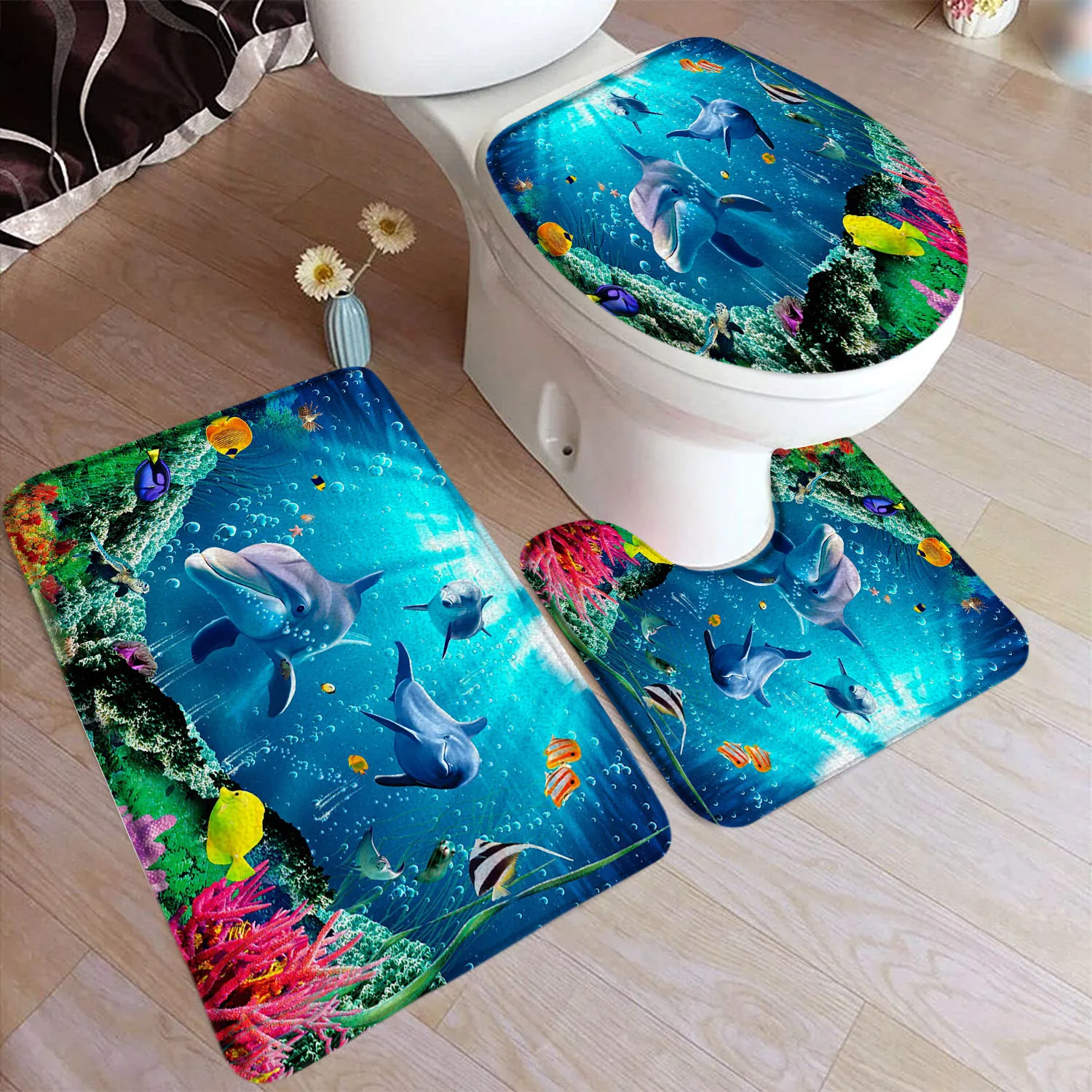 Ocean Beach Bath Mat Set Island Palm Trees Dolphin Fish Coral Nature Scenery Home Carpet Bathroom Decor Floor Rugs Toilet Cover