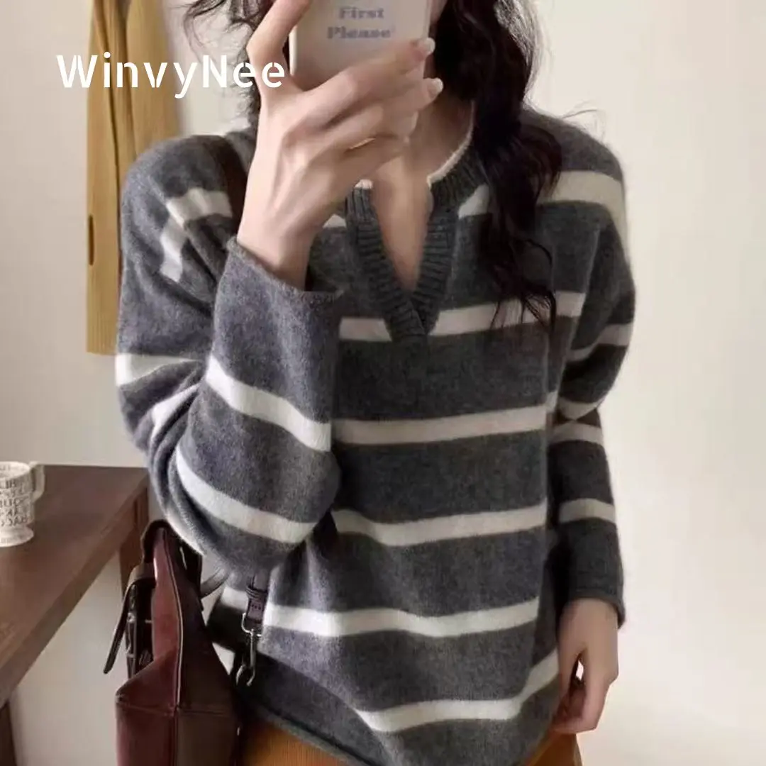 

WinvyNee, зимняя женская одежда, шерстяные свитера, однотонные вязаные топы в полоску с длинными рукавами и v-образным вырезом, пуловер больших размеров, осень A1283008