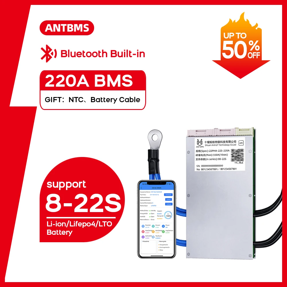 

ANT BMS 8S-22S Li-ion Lifepo4 LTO Battery smart bms 24V 36V 48V 60V 220A 550A smart balance board 10S 12S 13S 14S 15S 16S 18S