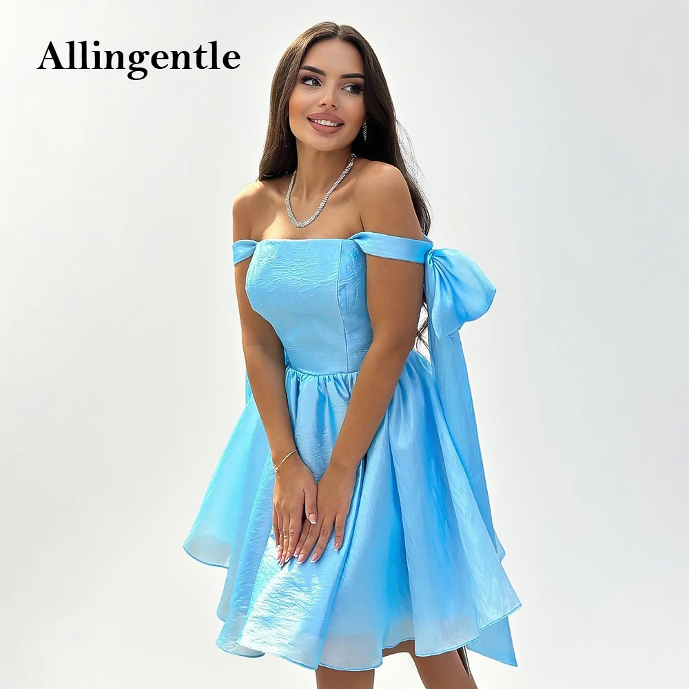 

Princess A-Line Bow Off the Shoulder Evening Prom Gown Knee Length Blue legant Formal Mini Homecoming Dresses Customized