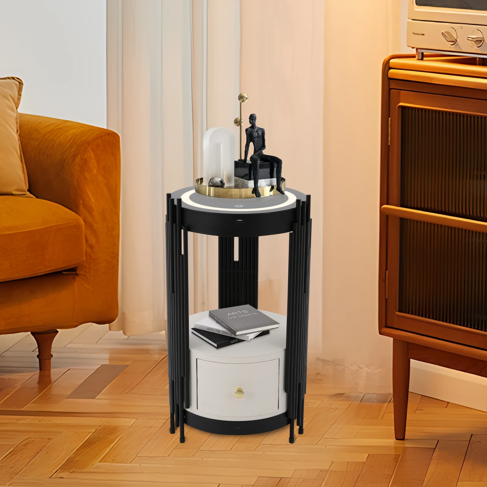 Bedside Table Smart Nightstand with Wireless Charging Station Modern LED Bed Side Table with Drawer for Bedroom/Office/Hotel