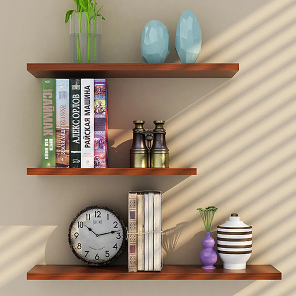 Wall Mounted Single Layer Bookshelf Solid Teak Wood Design for Home Office Library Classroom Organization Tidy Magazine Cd