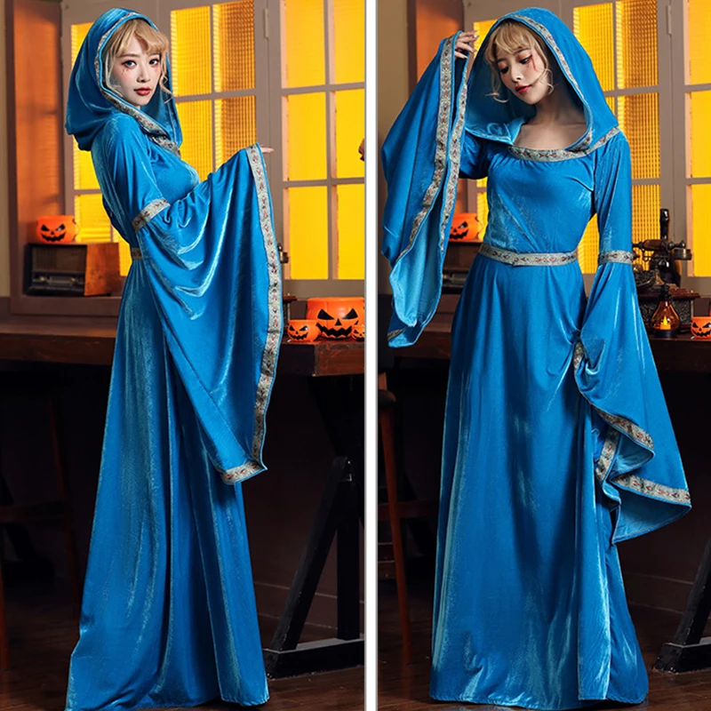 

Medieval Dress Pink Blue Court Dress Retro Halloween Costume Trumpet Sleeve Tea Party Princess Dress Stage Costume Hooded Skirt