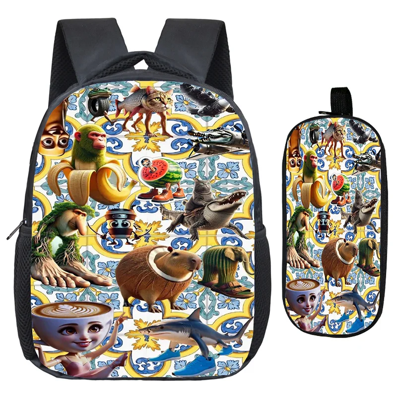 AI Game الإيطالية Brainrot ثلاثية الأبعاد طباعة حقيبة الظهر القلم Case2pcs طالب حقائب الظهر غير رسمية للأطفال حقيبة مخصصة ضوء تنفس Mochila #1