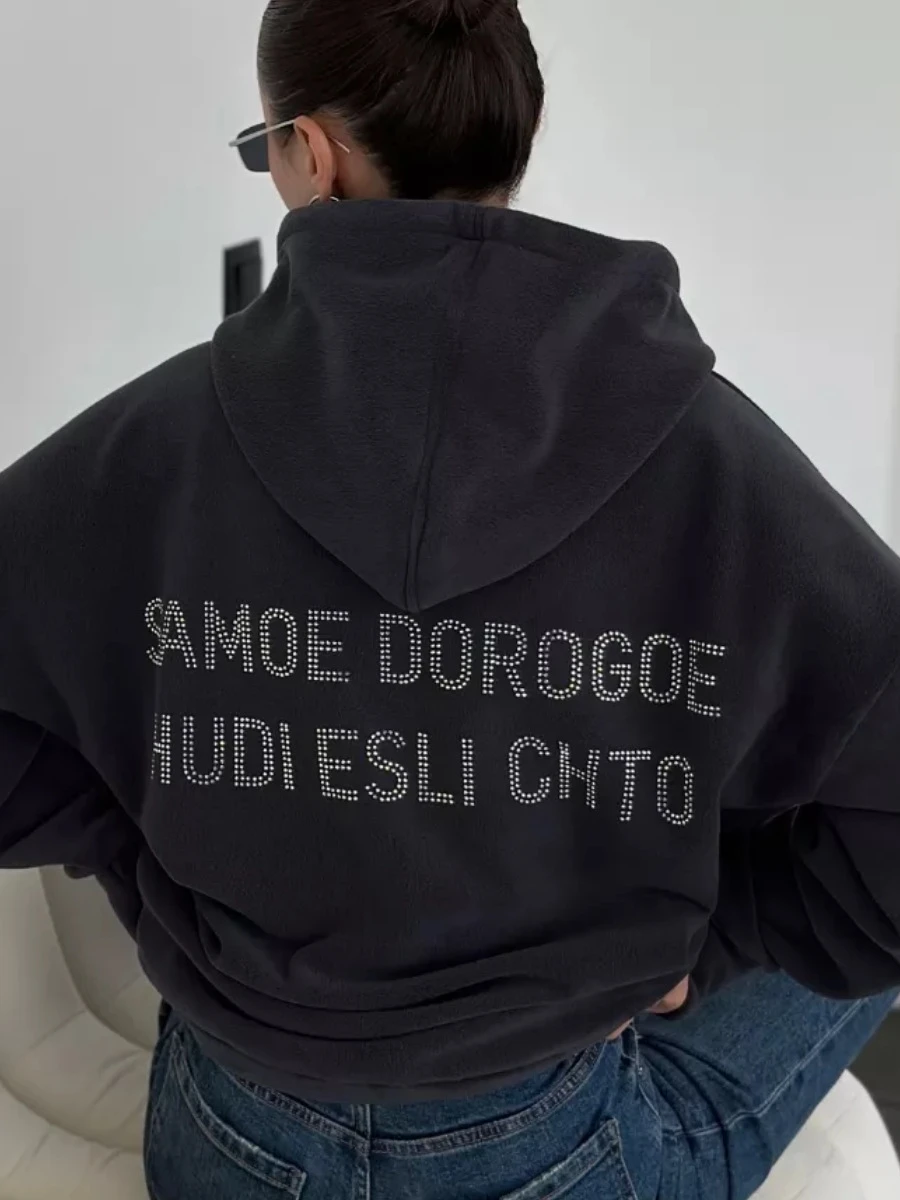 루즈핏 레터링 라인스톤 후드티 프린트 윈드 레터 글루 드릴 탑 여성 캐주얼 편안한 긴팔 후디