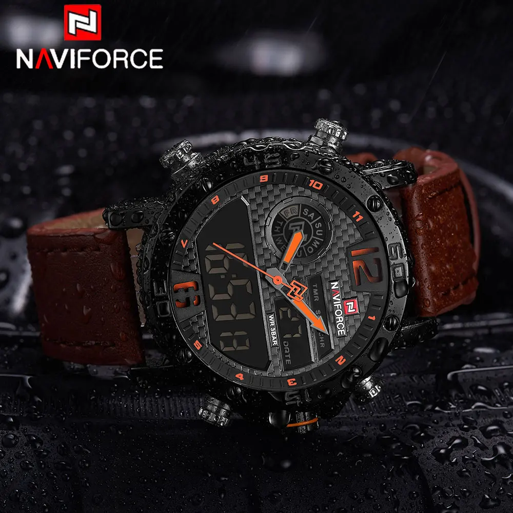 NAVIFORCE To Luxury Brand Mens Quartz Watches Leather Sports Watches Men\'s LED Digital Clock Waterproof Military Wrist Watch