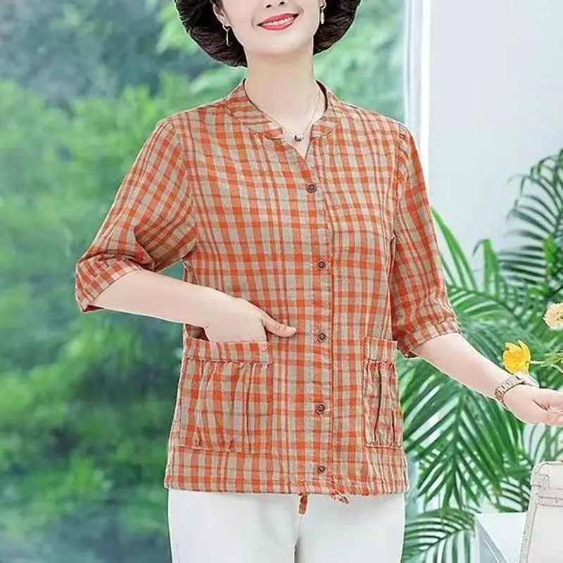 Elegant Plaid Button Down Shirt For Women Summer Casual Loose Fit With Pockets And Mandarin Collar