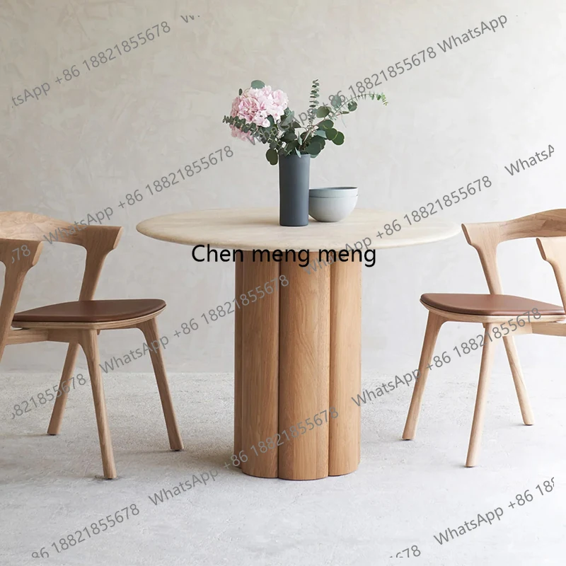 

Natural travertine dining table Small apartment dining room Solid wood base French wabi round table