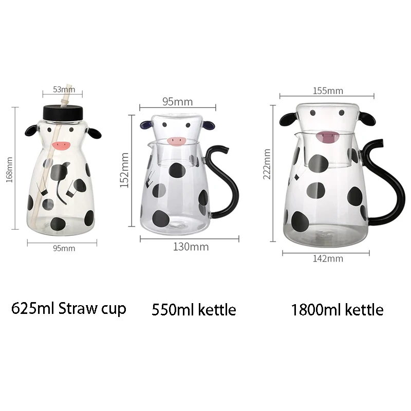 YWDL Glass Water Carafe Set With Cup Lovely Cartoon Cow Cold Kettle Flowering Teapot Canister Milk Iced Beverage Bottle Jug