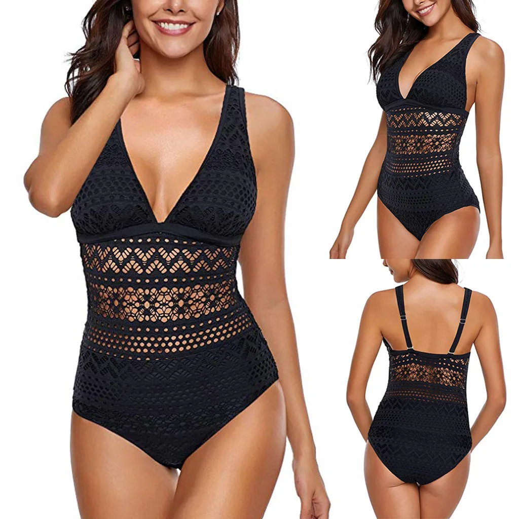 Women One-Piece Swimsuit Classic V-Neck Push Up Adjustable Shoulder Strap Bathing Suit Sexy Mesh Hollow Splicing Swimwear