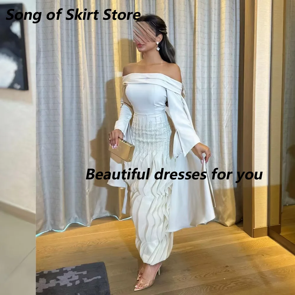 

Sexy Off The Shoulder Evening Dress Customized Boat Neck Long Sleeves Ankle Length Evening Gowns Mermaid Formal Party Dress