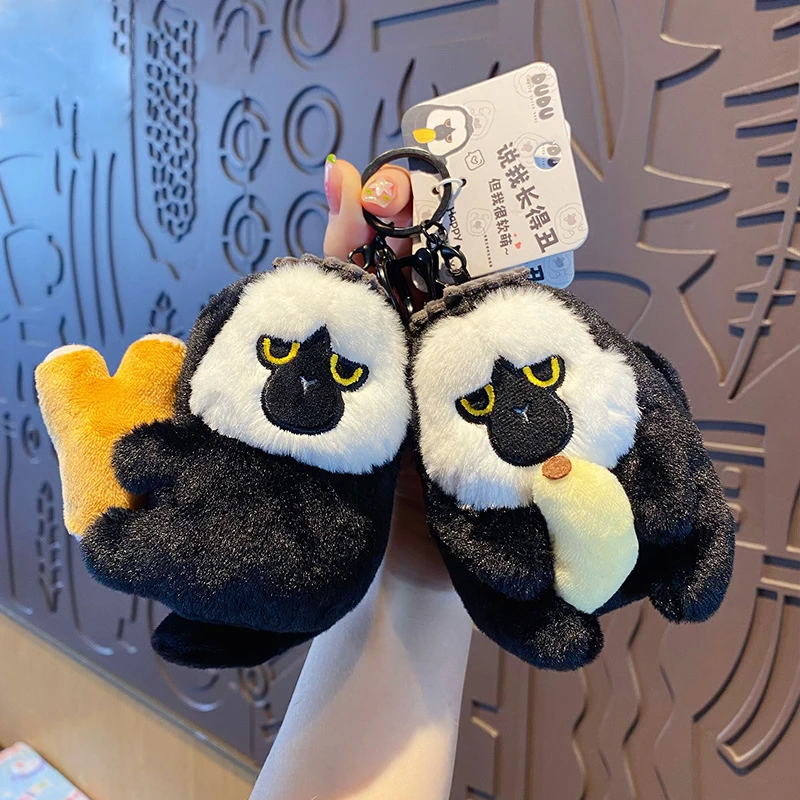 Cartoon Plush Saki Monkey Holding Twigs White Face Dudu Bag Pendant Keychains Cute Chimpanzee Eat Banana Doll Keyring Trinket