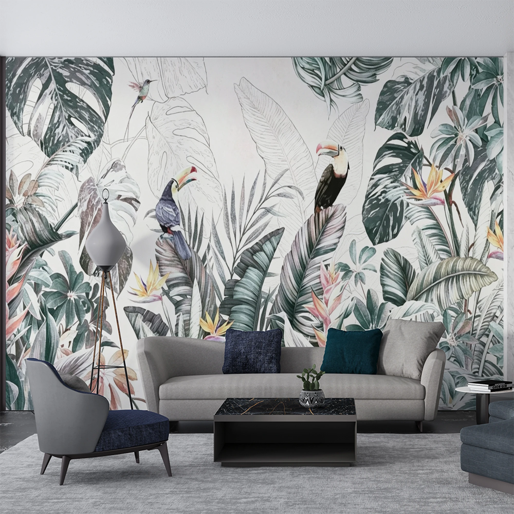 Custom Tropical Jungle Mural Wallpaper Toucan Hummingbird Monstera Leaf Paradise Flower Watercolor Wall Paper for Living Room