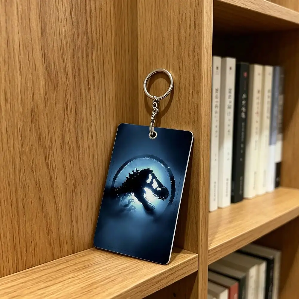 J-Jurassic Park D-Dinosaur World Card Case Leather Card Holder Keychain Key Ring Door Access Tags ID Card Case Keychain view 4