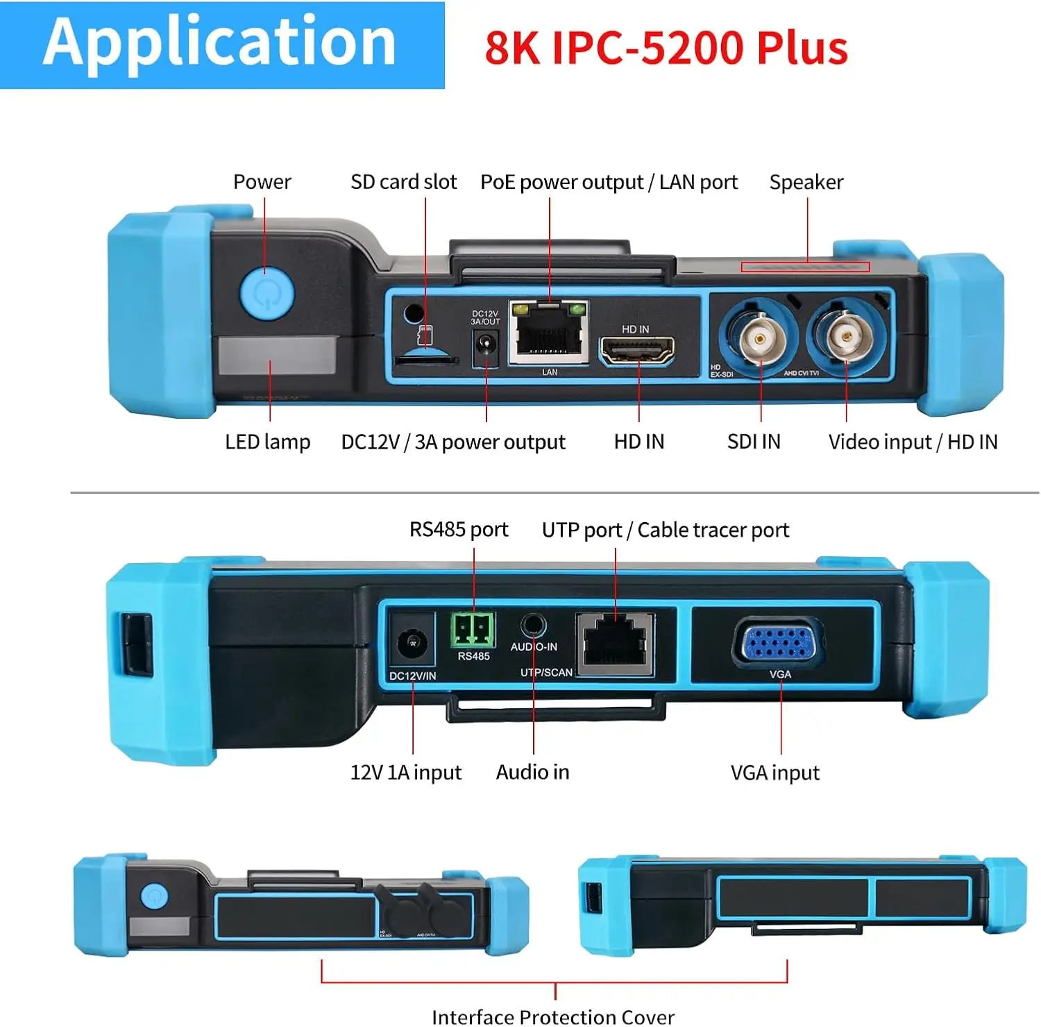 8K IP Camera Tester IPC-5200C Plus 8MP AHD CVI TVI SDI IP Camera Test IPC Tester Support POE PTZ RS485 HD VGA Input DC12V Output
